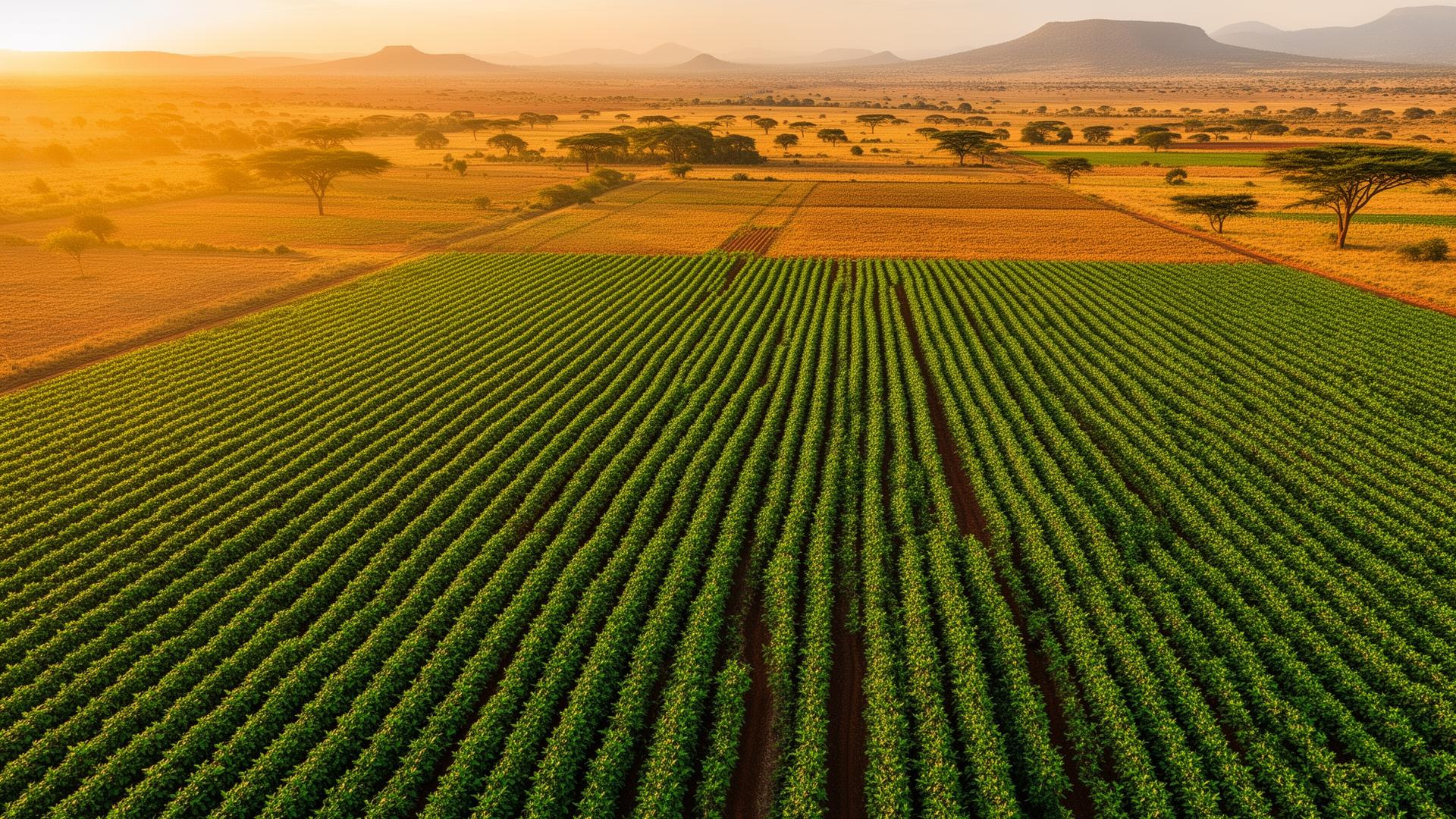 Champs agricoles africains au coucher du soleil